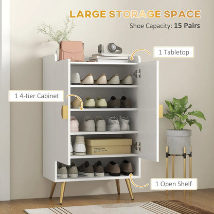 HOMCOM Modern Shoe Cabinet with 2 Doors, Open Shelf and Adjustable Shelves, Hallway Shoe Cupboard for 15 Pairs of Shoes, Entryway Storage Unit, White 
