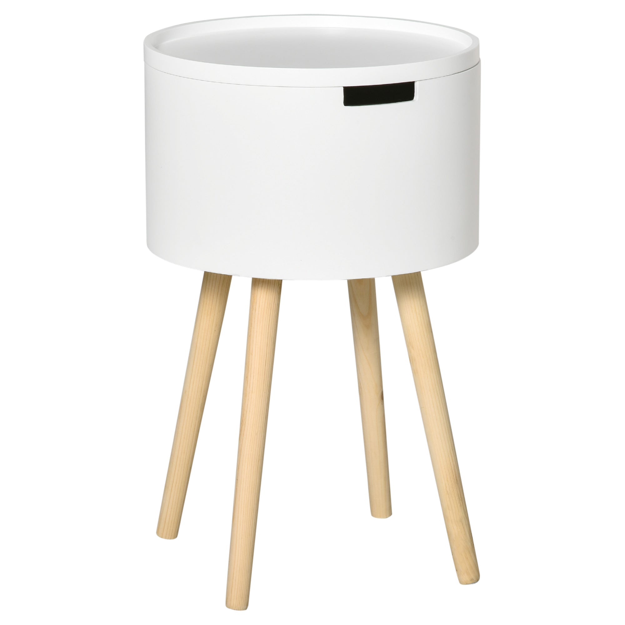 HOMCOM Modern Side Table with Hidden Storage Space, Round Night Stand with Removable Tray Wood Frame End Coffee Table for Living Room, White 