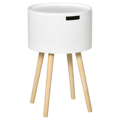 HOMCOM Modern Side Table with Hidden Storage Space, Round Night Stand with Removable Tray Wood Frame End Coffee Table for Living Room, White 