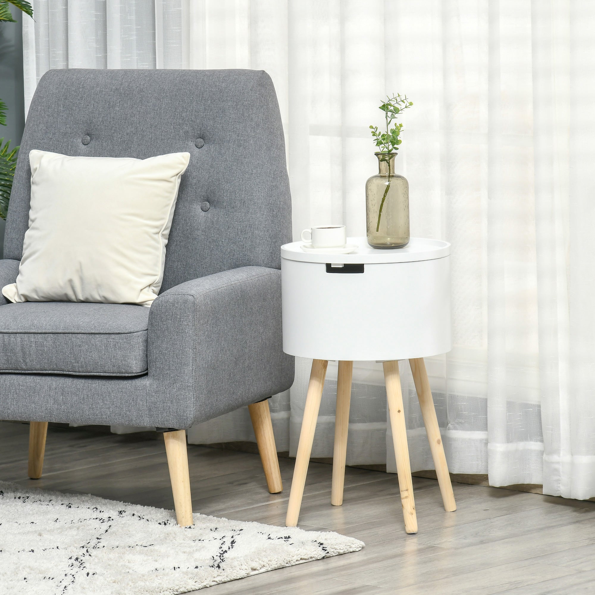 HOMCOM Modern Side Table with Hidden Storage Space, Round Night Stand with Removable Tray Wood Frame End Coffee Table for Living Room, White 