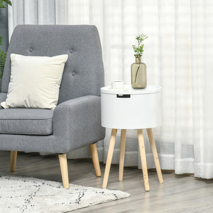 HOMCOM Modern Side Table with Hidden Storage Space, Round Night Stand with Removable Tray Wood Frame End Coffee Table for Living Room, White 