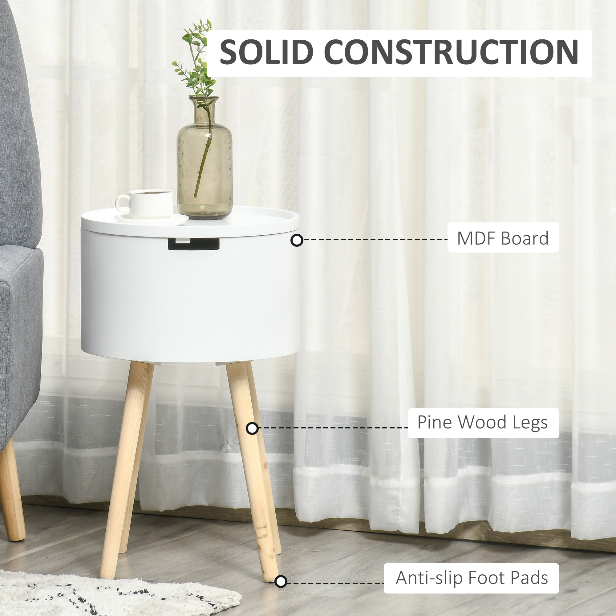 HOMCOM Modern Side Table with Hidden Storage Space, Round Night Stand with Removable Tray Wood Frame End Coffee Table for Living Room, White 