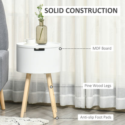 HOMCOM Modern Side Table with Hidden Storage Space, Round Night Stand with Removable Tray Wood Frame End Coffee Table for Living Room, White 