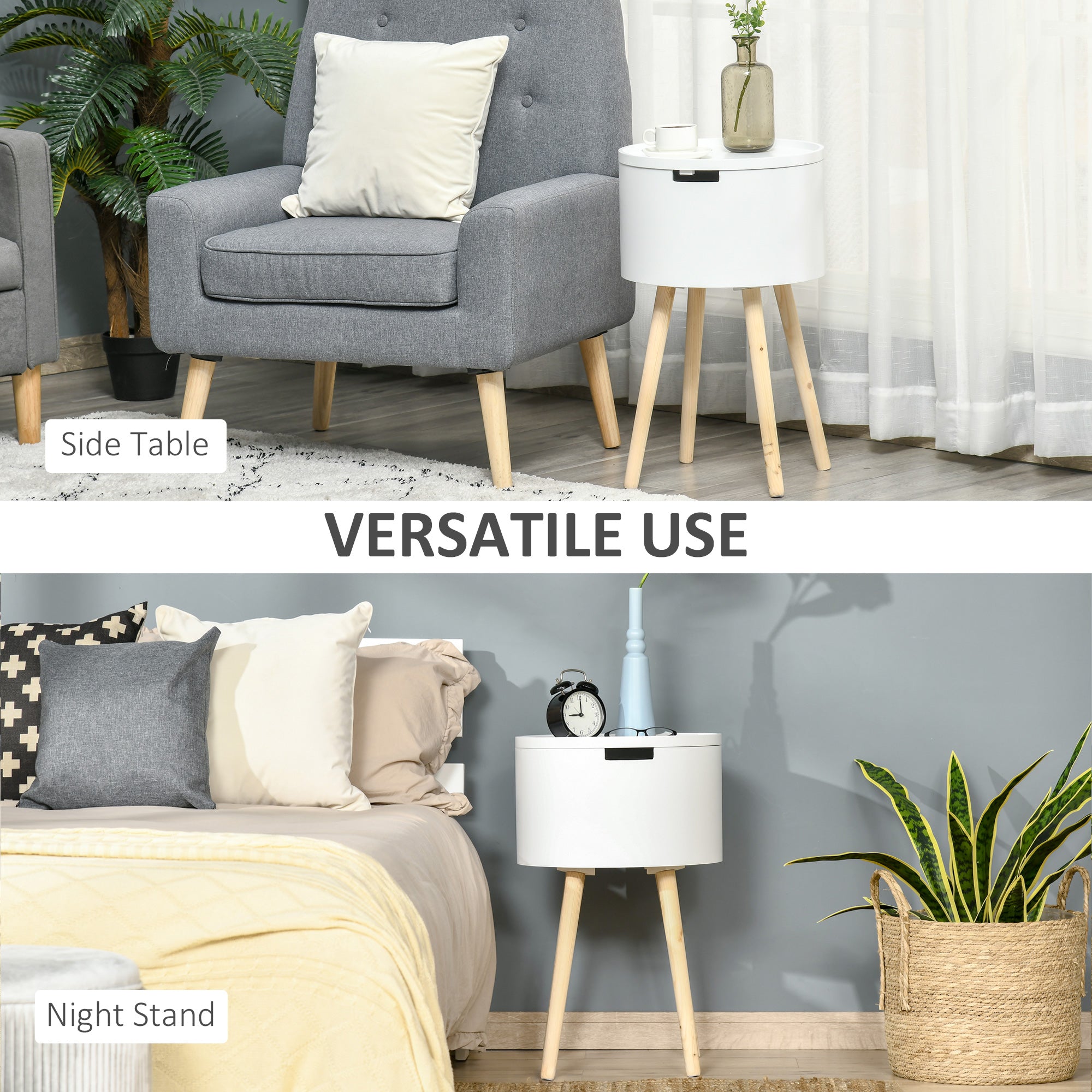 HOMCOM Modern Side Table with Hidden Storage Space, Round Night Stand with Removable Tray Wood Frame End Coffee Table for Living Room, White 
