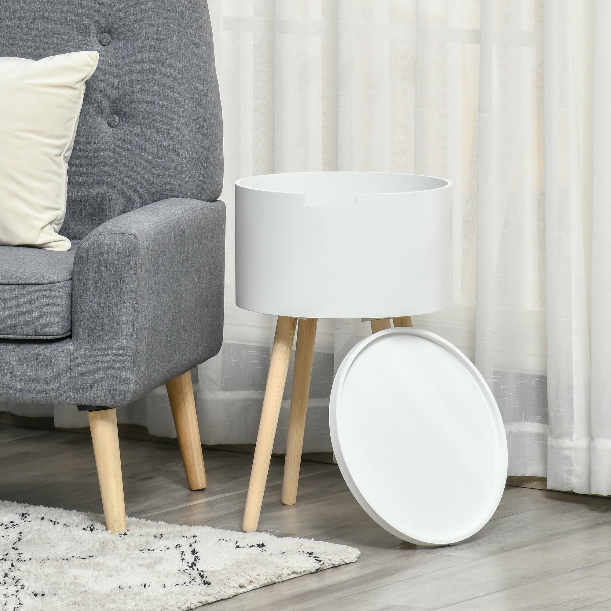 HOMCOM Modern Side Table with Hidden Storage Space, Round Night Stand with Removable Tray Wood Frame End Coffee Table for Living Room, White 
