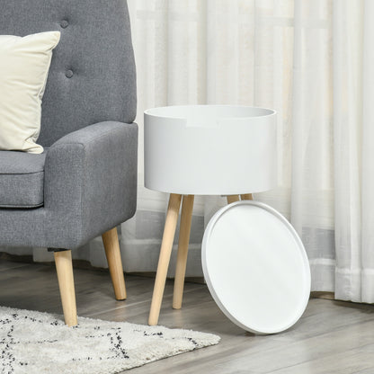 HOMCOM Modern Side Table with Hidden Storage Space, Round Night Stand with Removable Tray Wood Frame End Coffee Table for Living Room, White 