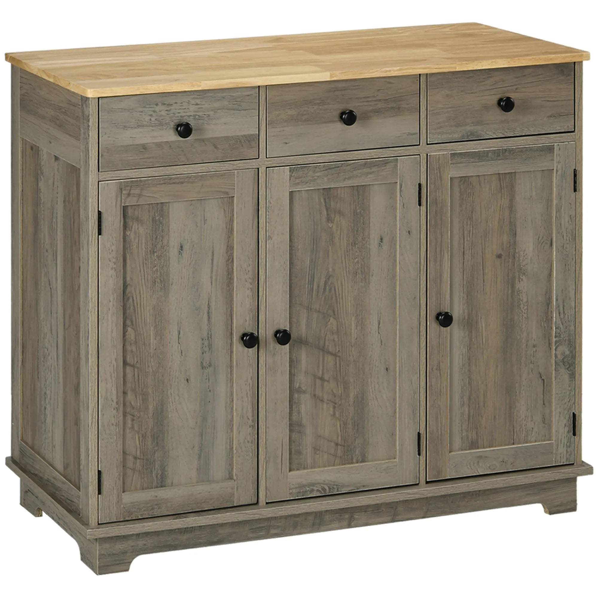 HOMCOM Modern Sideboard with Rubberwood Top, Buffet Cabinet with Storage Cabinets, Drawers and Adjustable Shelves for Dining Room, Kitchen, Grey Wood-Effect 