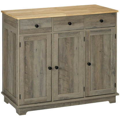 HOMCOM Modern Sideboard with Rubberwood Top, Buffet Cabinet with Storage Cabinets, Drawers and Adjustable Shelves for Dining Room, Kitchen, Grey Wood-Effect 