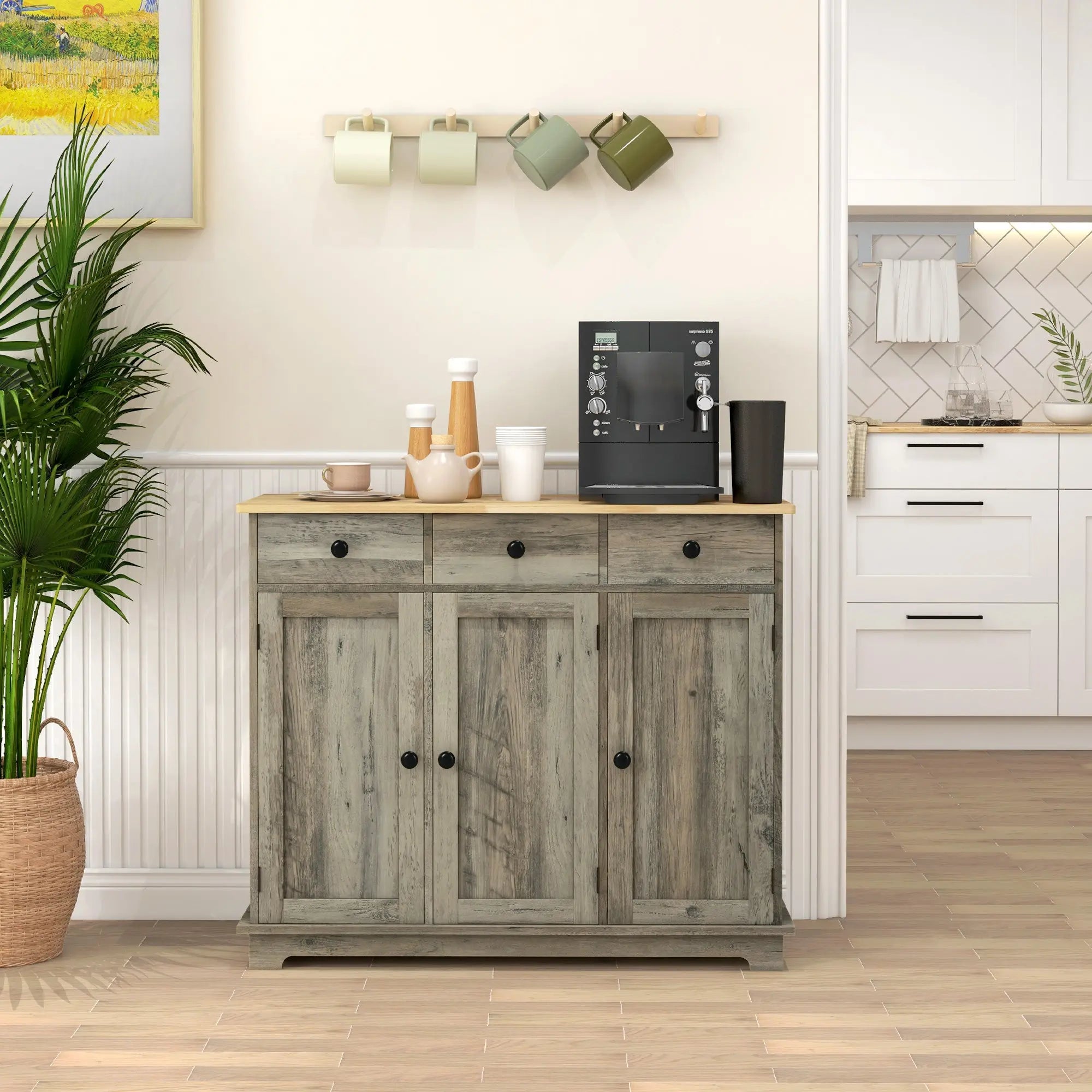 HOMCOM Modern Sideboard with Rubberwood Top, Buffet Cabinet with Storage Cabinets, Drawers and Adjustable Shelves for Dining Room, Kitchen, Grey Wood-Effect 