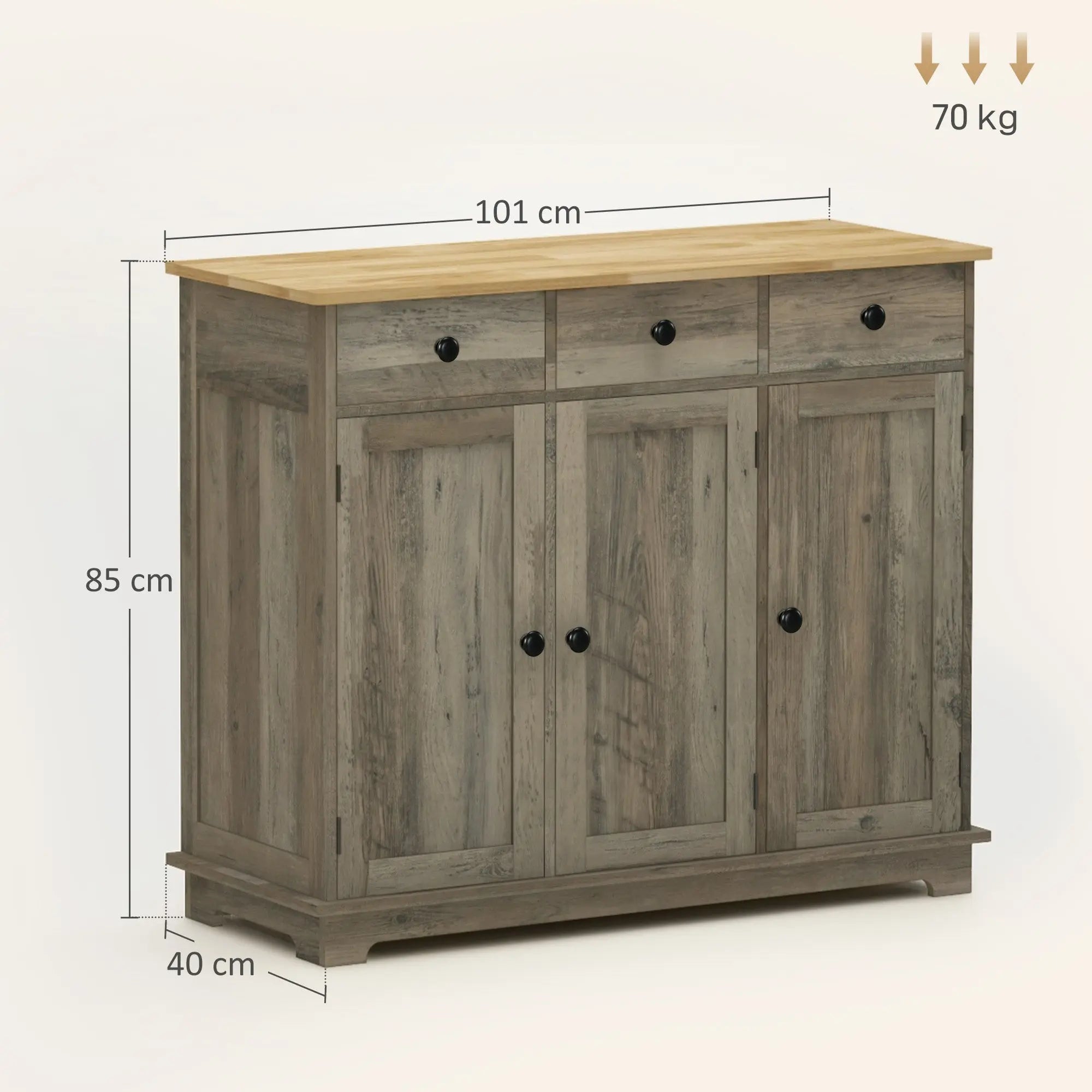 HOMCOM Modern Sideboard with Rubberwood Top, Buffet Cabinet with Storage Cabinets, Drawers and Adjustable Shelves for Dining Room, Kitchen, Grey Wood-Effect 