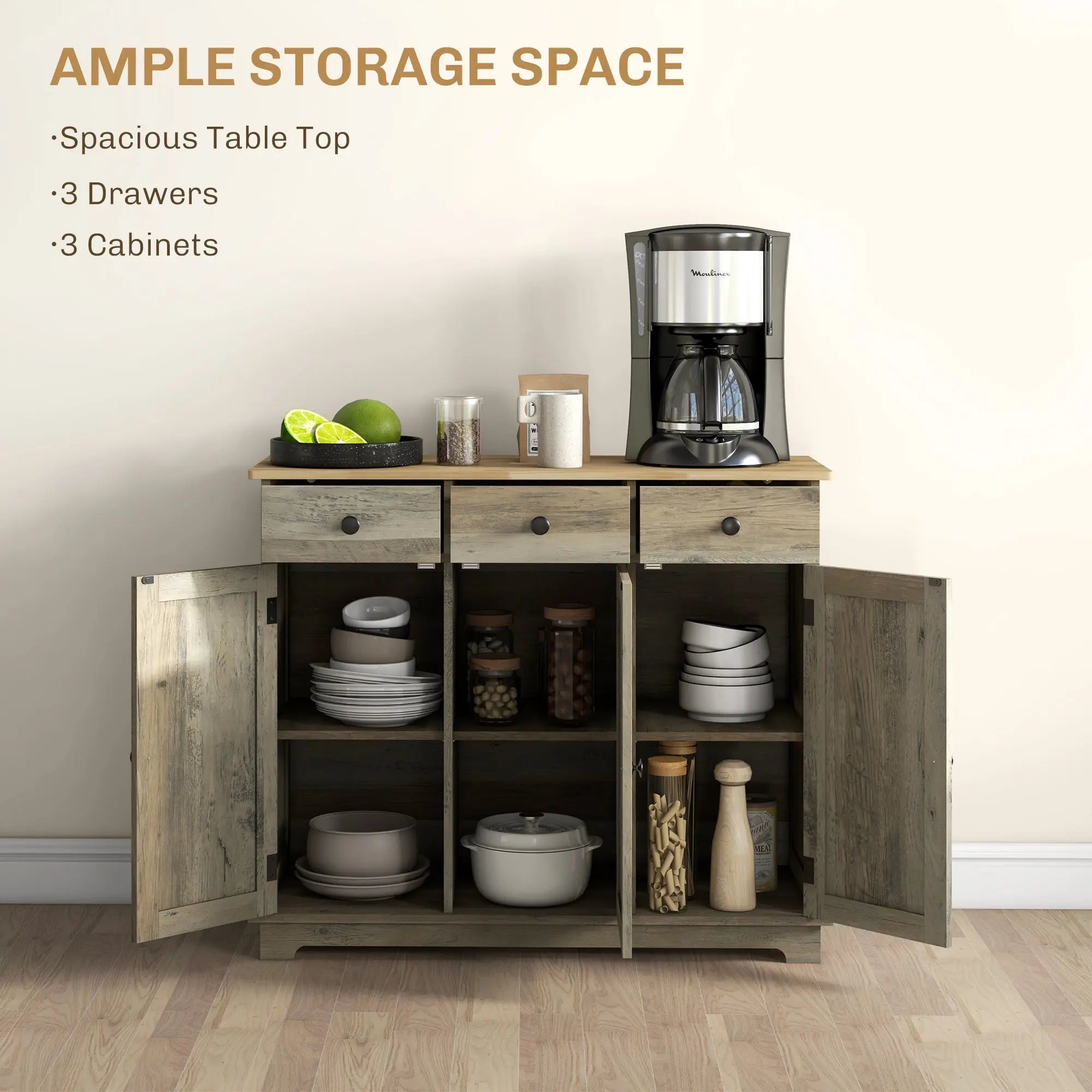 HOMCOM Modern Sideboard with Rubberwood Top, Buffet Cabinet with Storage Cabinets, Drawers and Adjustable Shelves for Dining Room, Kitchen, Grey Wood-Effect 