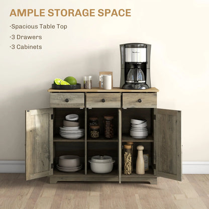 HOMCOM Modern Sideboard with Rubberwood Top, Buffet Cabinet with Storage Cabinets, Drawers and Adjustable Shelves for Dining Room, Kitchen, Grey Wood-Effect 