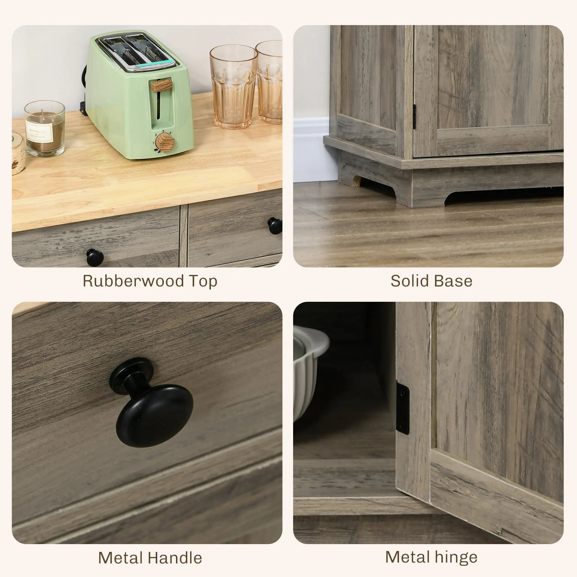 HOMCOM Modern Sideboard with Rubberwood Top, Buffet Cabinet with Storage Cabinets, Drawers and Adjustable Shelves for Dining Room, Kitchen, Grey Wood-Effect 