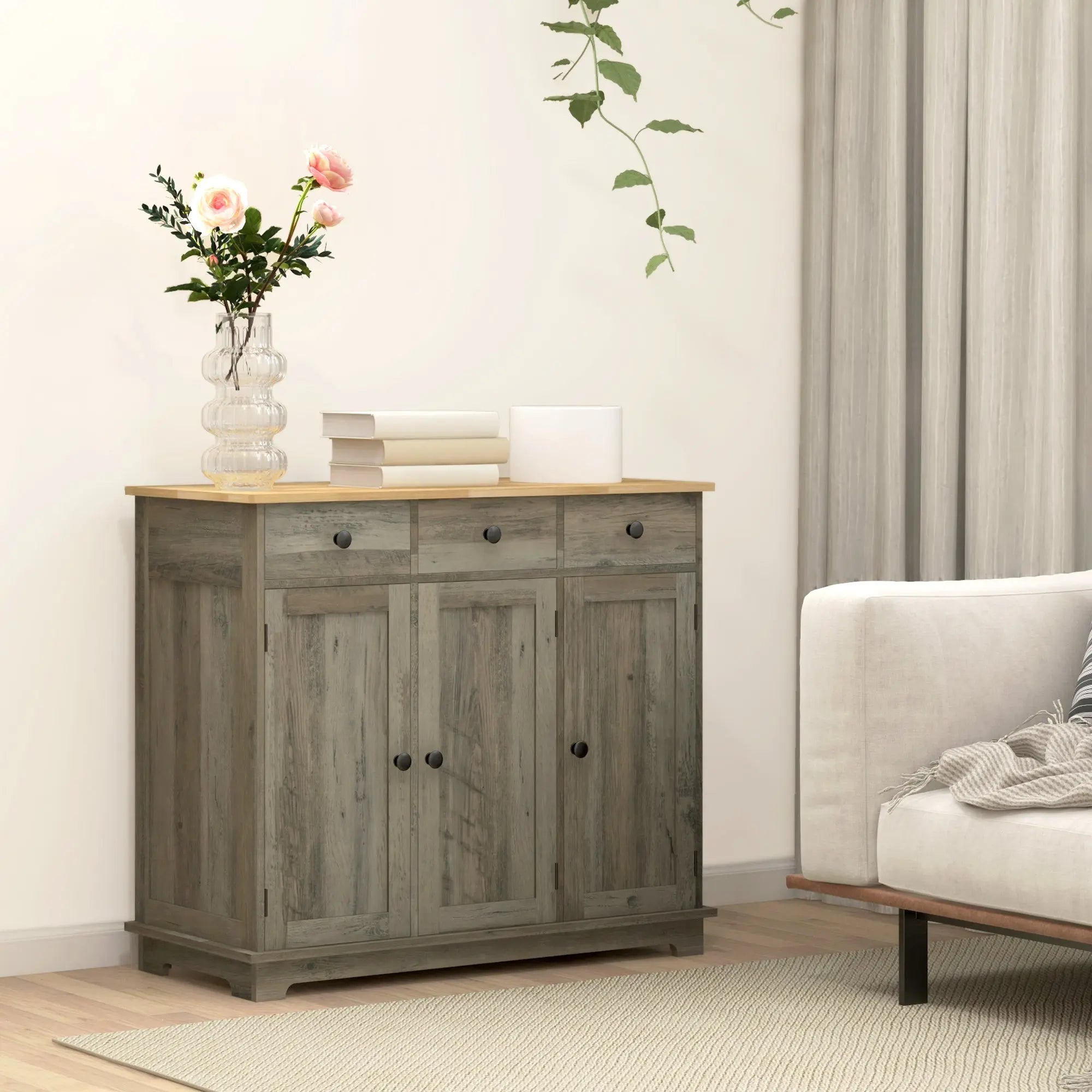 HOMCOM Modern Sideboard with Rubberwood Top, Buffet Cabinet with Storage Cabinets, Drawers and Adjustable Shelves for Dining Room, Kitchen, Grey Wood-Effect 