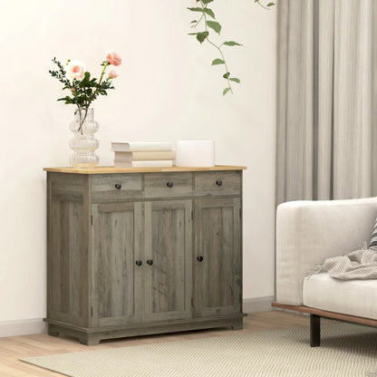 HOMCOM Modern Sideboard with Rubberwood Top, Buffet Cabinet with Storage Cabinets, Drawers and Adjustable Shelves for Dining Room, Kitchen, Grey Wood-Effect 