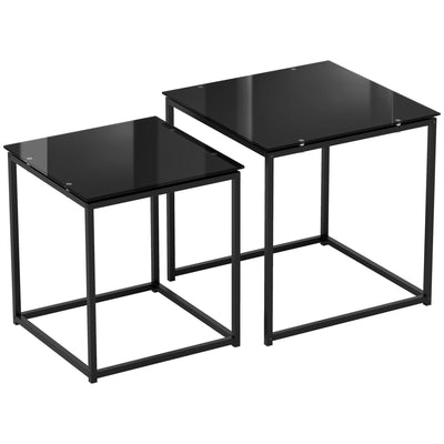 HOMCOM Nest of Tables, Set of 2 Coffee Table, Side Tables with Tempered Glass Desktop and Metal Frame for Living Room, Bedroom, Office, Black 