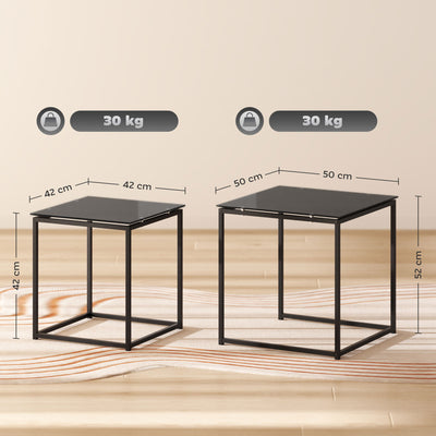 HOMCOM Nest of Tables, Set of 2 Coffee Table, Side Tables with Tempered Glass Desktop and Metal Frame for Living Room, Bedroom, Office, Black 