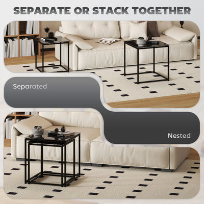 HOMCOM Nest of Tables, Set of 2 Coffee Table, Side Tables with Tempered Glass Desktop and Metal Frame for Living Room, Bedroom, Office, Black 