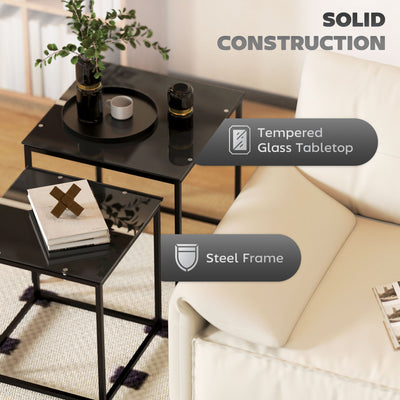 HOMCOM Nest of Tables, Set of 2 Coffee Table, Side Tables with Tempered Glass Desktop and Metal Frame for Living Room, Bedroom, Office, Black 