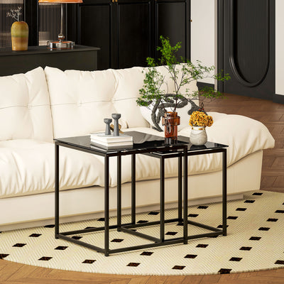 HOMCOM Nest of Tables, Set of 2 Coffee Table, Side Tables with Tempered Glass Desktop and Metal Frame for Living Room, Bedroom, Office, Black 