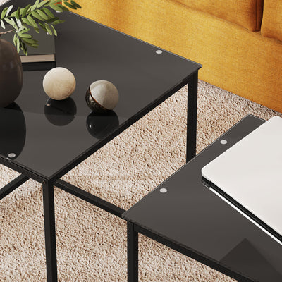 HOMCOM Nest of Tables, Set of 2 Coffee Table, Side Tables with Tempered Glass Desktop and Metal Frame for Living Room, Bedroom, Office, Black 