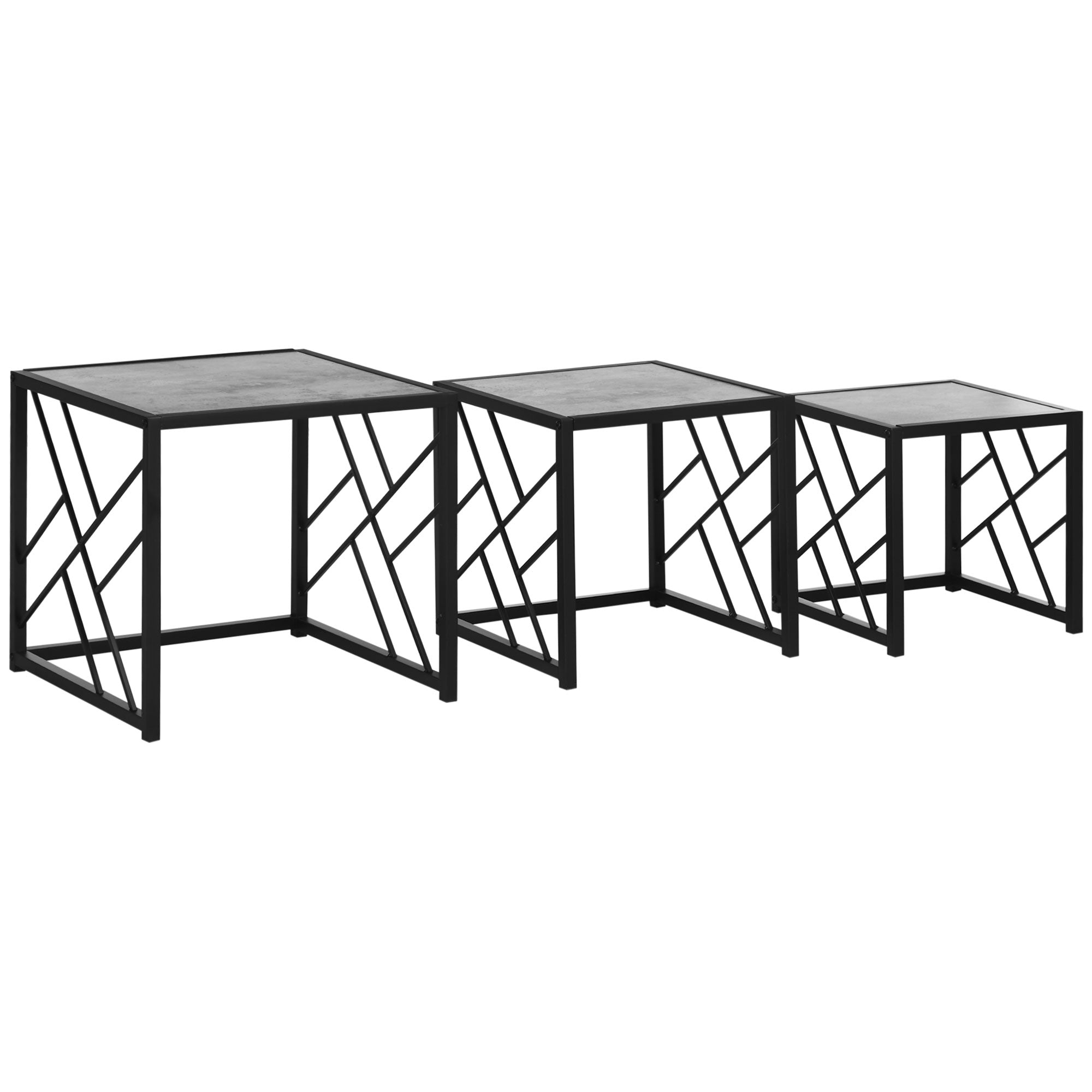 HOMCOM Nesting Coffee Tables, Set of 3 Square Side Tables with Black Metal Frame, for Living Room, Bedroom and Office, Grey 