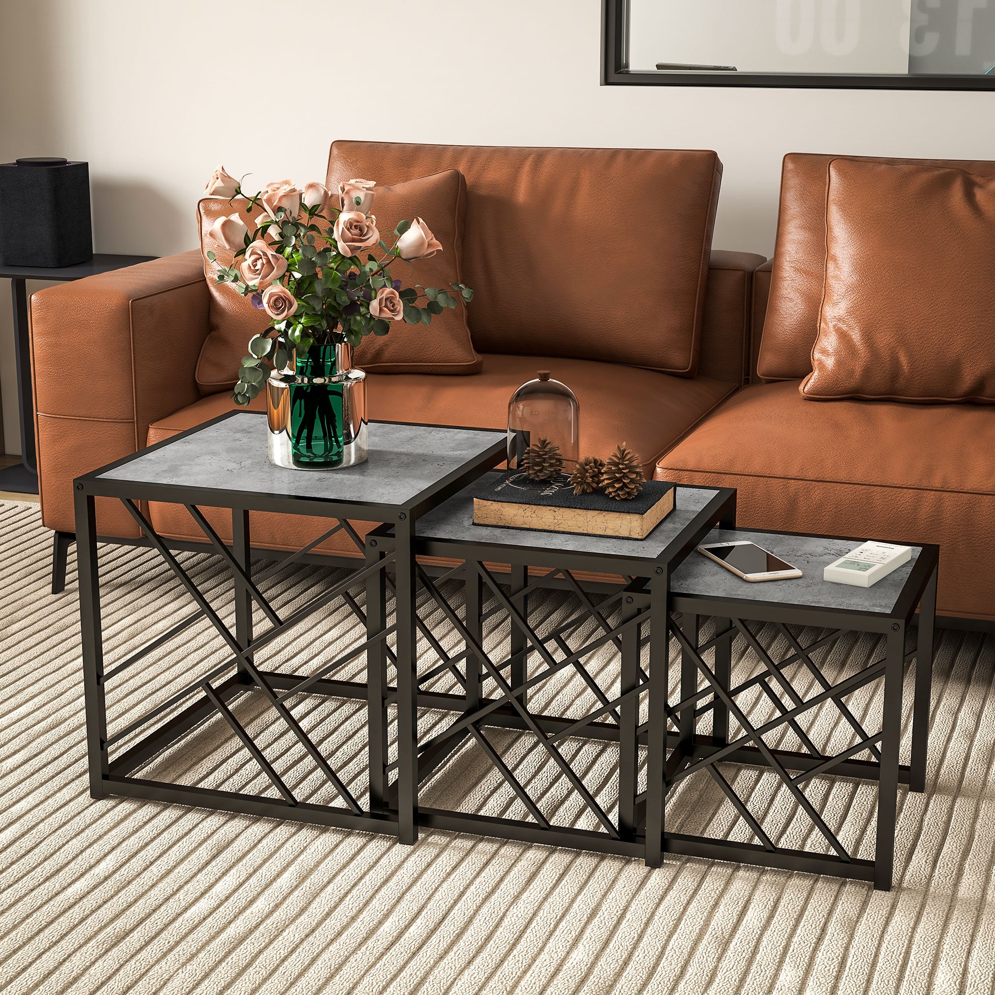 HOMCOM Nesting Coffee Tables, Set of 3 Square Side Tables with Black Metal Frame, for Living Room, Bedroom and Office, Grey 