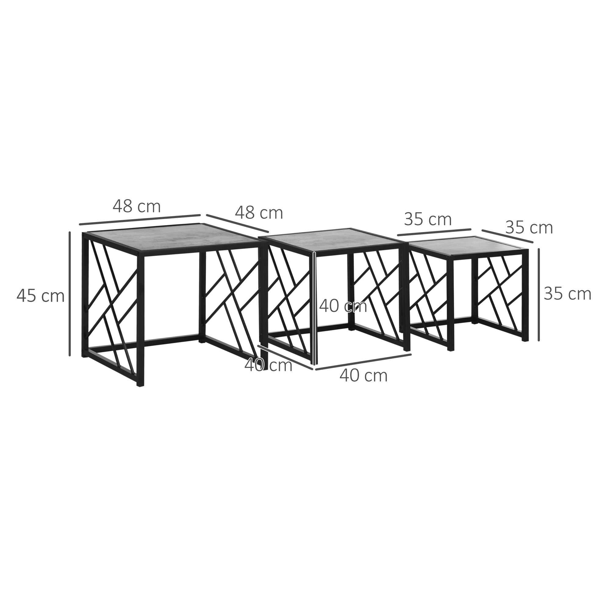 HOMCOM Nesting Coffee Tables, Set of 3 Square Side Tables with Black Metal Frame, for Living Room, Bedroom and Office, Grey 
