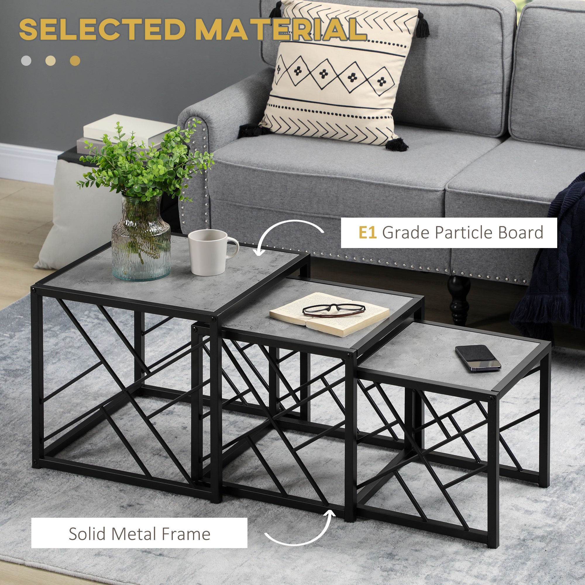 HOMCOM Nesting Coffee Tables, Set of 3 Square Side Tables with Black Metal Frame, for Living Room, Bedroom and Office, Grey 