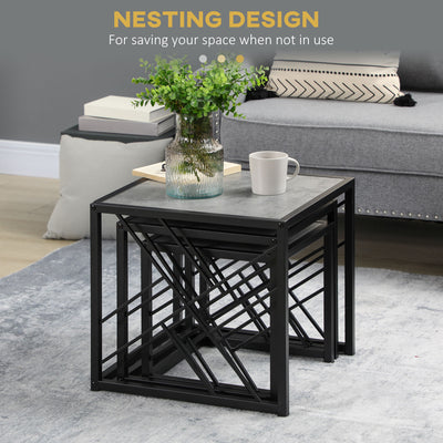 HOMCOM Nesting Coffee Tables, Set of 3 Square Side Tables with Black Metal Frame, for Living Room, Bedroom and Office, Grey 