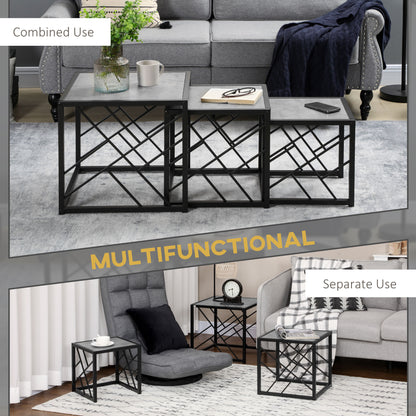 HOMCOM Nesting Coffee Tables, Set of 3 Square Side Tables with Black Metal Frame, for Living Room, Bedroom and Office, Grey 