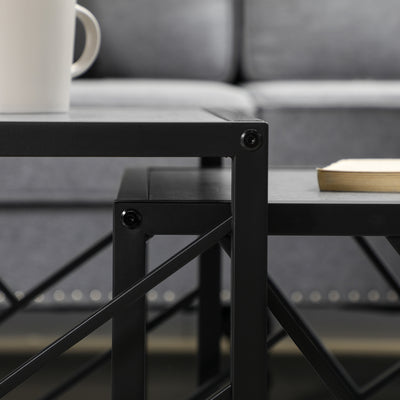 HOMCOM Nesting Coffee Tables, Set of 3 Square Side Tables with Black Metal Frame, for Living Room, Bedroom and Office, Grey 