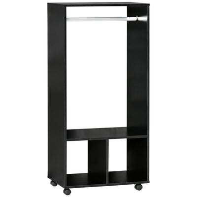 HOMCOM Open Wardrobe on Wheels, Bedroom Wardrobe with Clothes Hanging Rail, 2 Storage Shelves, Mobile Garment Rack for Cloakroom, Hallway, Black 
