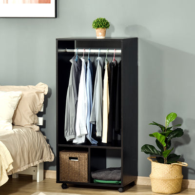 HOMCOM Open Wardrobe on Wheels, Bedroom Wardrobe with Clothes Hanging Rail, 2 Storage Shelves, Mobile Garment Rack for Cloakroom, Hallway, Black 