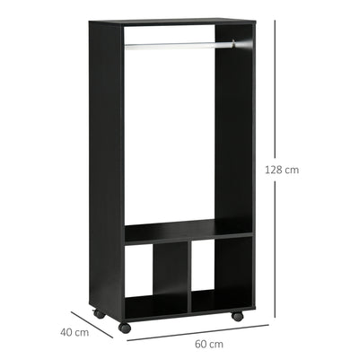 HOMCOM Open Wardrobe on Wheels, Bedroom Wardrobe with Clothes Hanging Rail, 2 Storage Shelves, Mobile Garment Rack for Cloakroom, Hallway, Black 