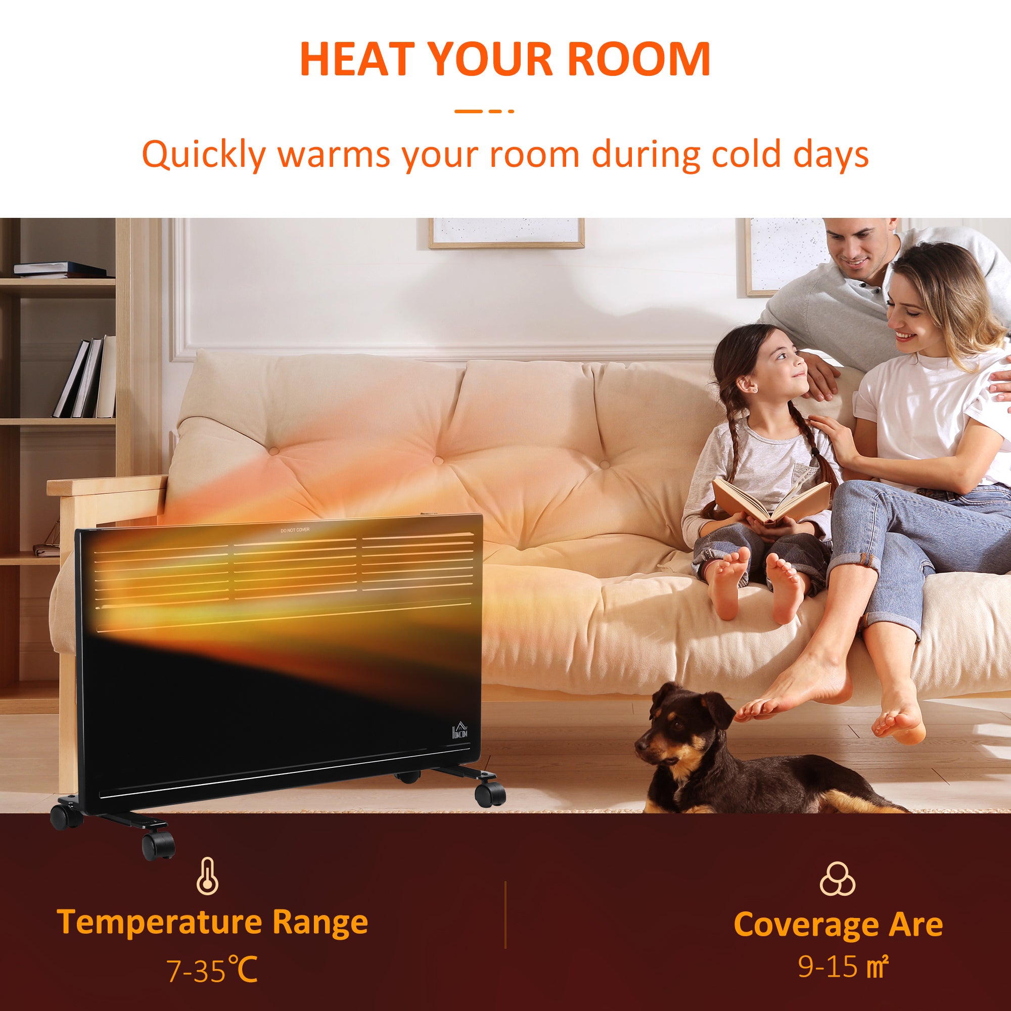 HOMCOM POWER Convector Radiator Freestanding or Wall-mounted Heating with 2 Heat Settings Safety Cut-Off, Black 