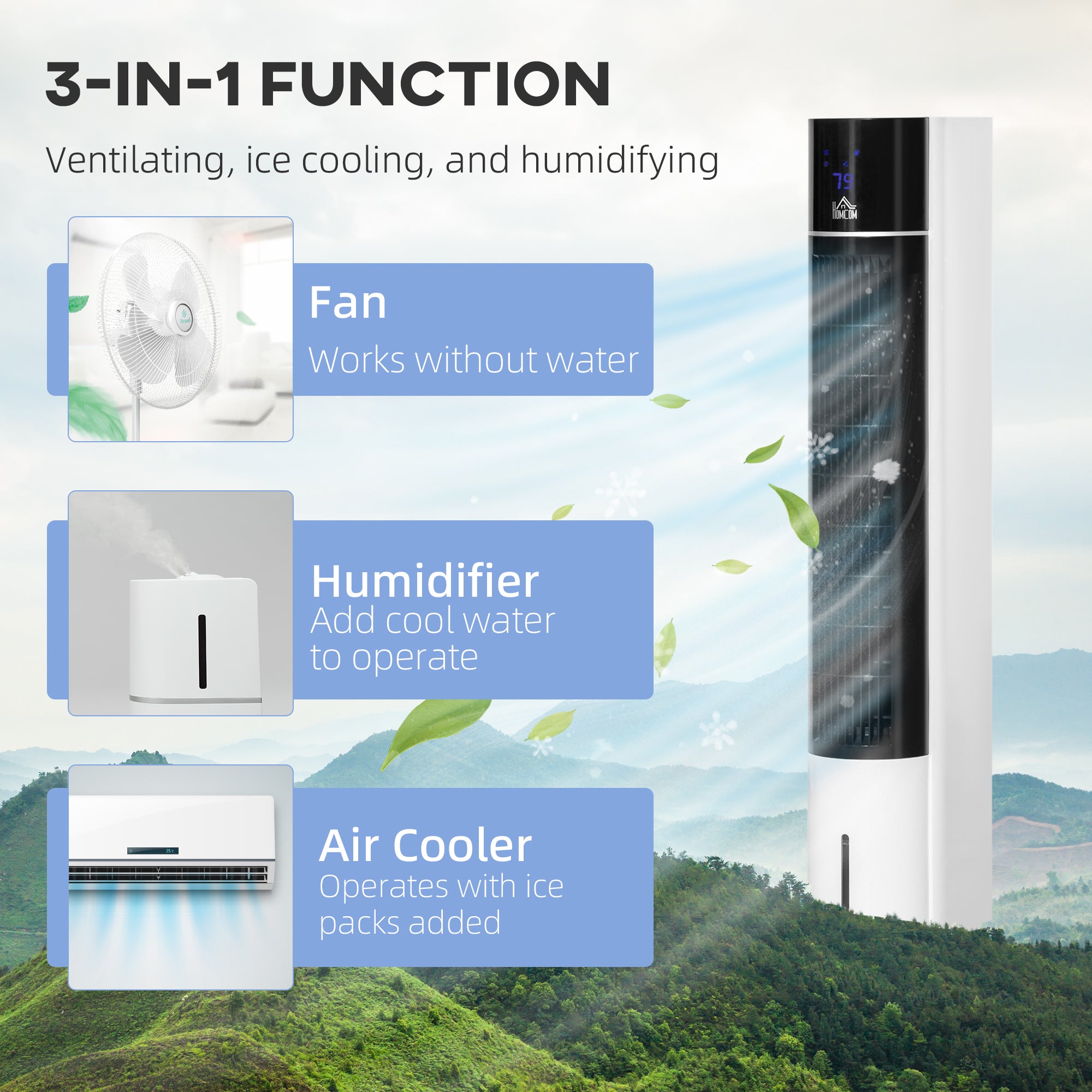 HOMCOM Portable Air Cooler, 3L Tank Evaporative Ice Cooling Tower Fan with 3 Modes, 3 Speeds, Remote, Timer, 60° Oscillating, Portable Swamp Cooler for Home Bedroom, White 