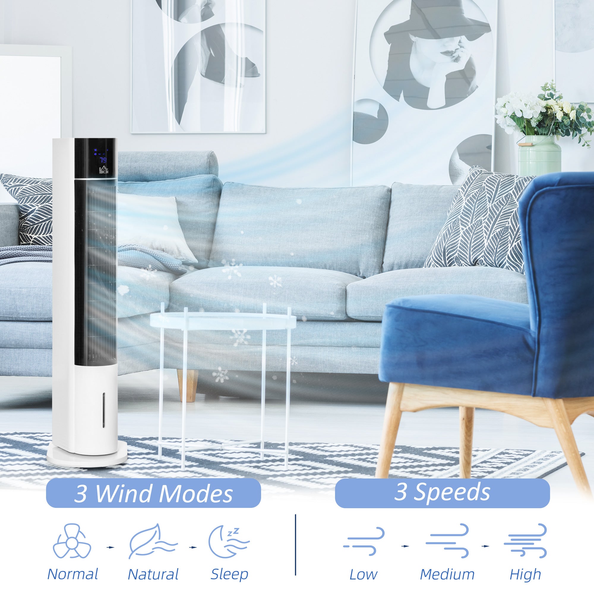 HOMCOM Portable Air Cooler, 3L Tank Evaporative Ice Cooling Tower Fan with 3 Modes, 3 Speeds, Remote, Timer, 60° Oscillating, Portable Swamp Cooler for Home Bedroom, White 