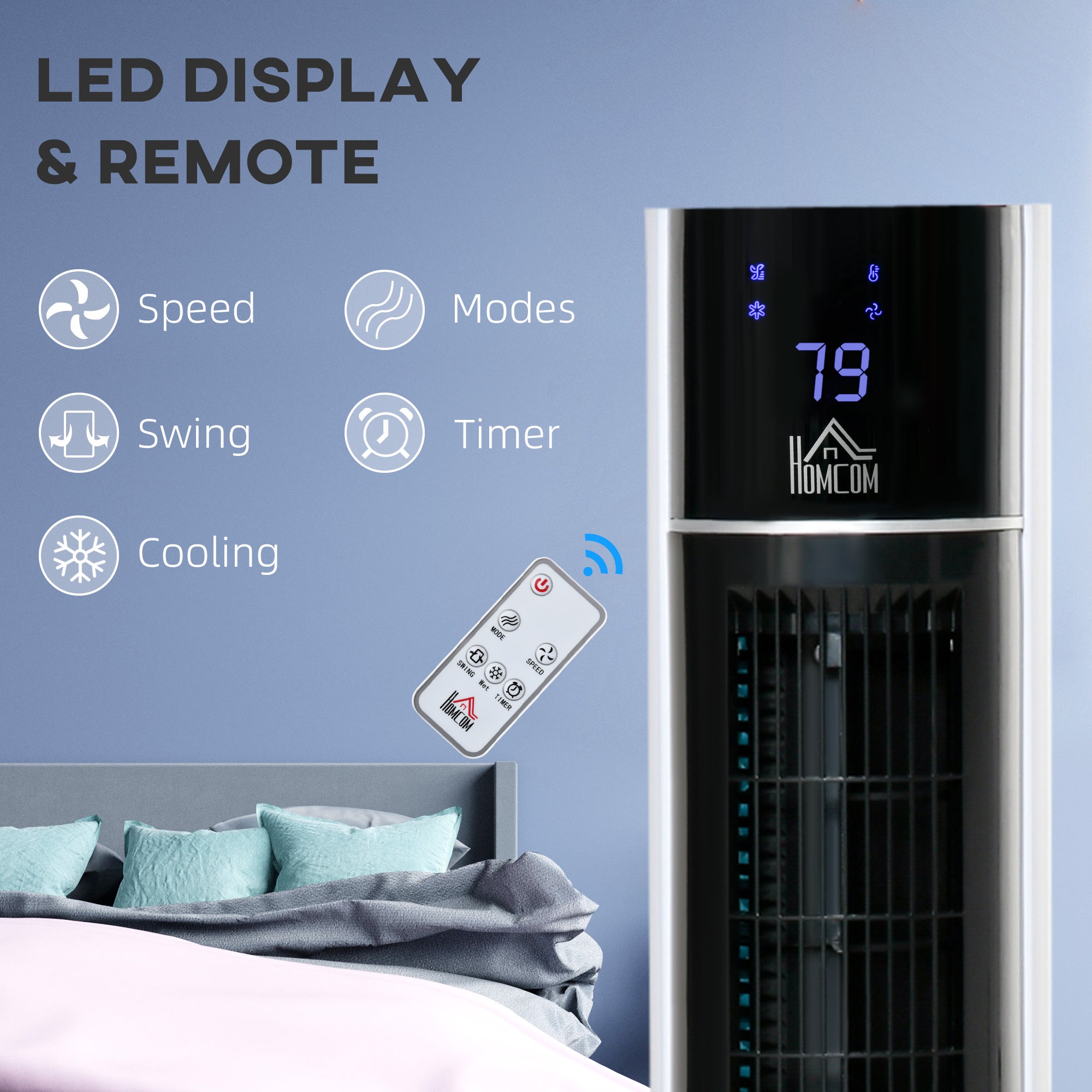 HOMCOM Portable Air Cooler, 3L Tank Evaporative Ice Cooling Tower Fan with 3 Modes, 3 Speeds, Remote, Timer, 60° Oscillating, Portable Swamp Cooler for Home Bedroom, White 