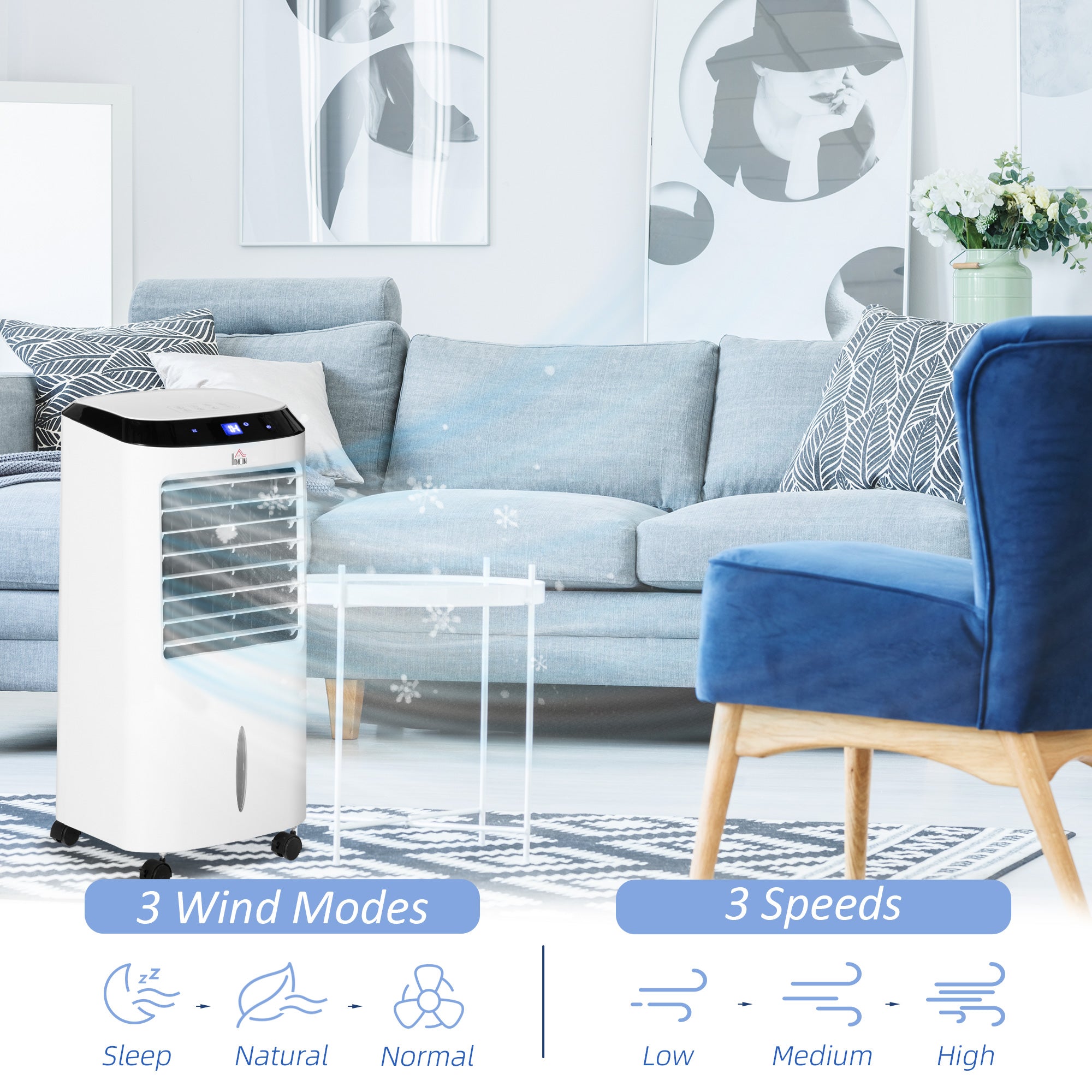 HOMCOM Portable Air Cooler, Evaporative Anion Ice Cooling Fan Water Conditioner Humidifier Unit with 10L Water Tank, 3 Modes, 3 Speed, Remote, Timer, Oscillating for Home Quiet Bedroom, White 