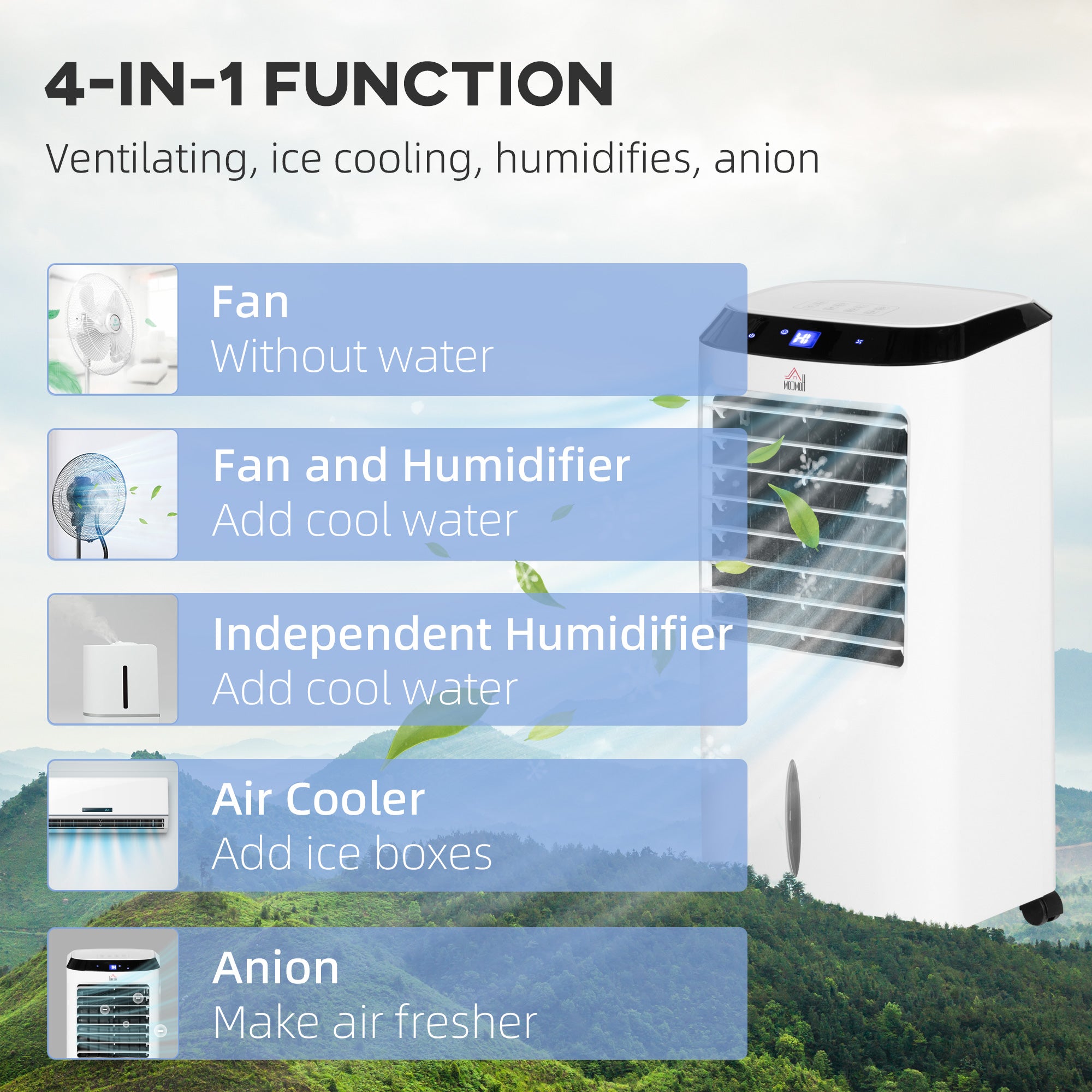 HOMCOM Portable Air Cooler, Evaporative Anion Ice Cooling Fan Water Conditioner Humidifier Unit with 10L Water Tank, 3 Modes, 3 Speed, Remote, Timer, Oscillating for Home Quiet Bedroom, White 