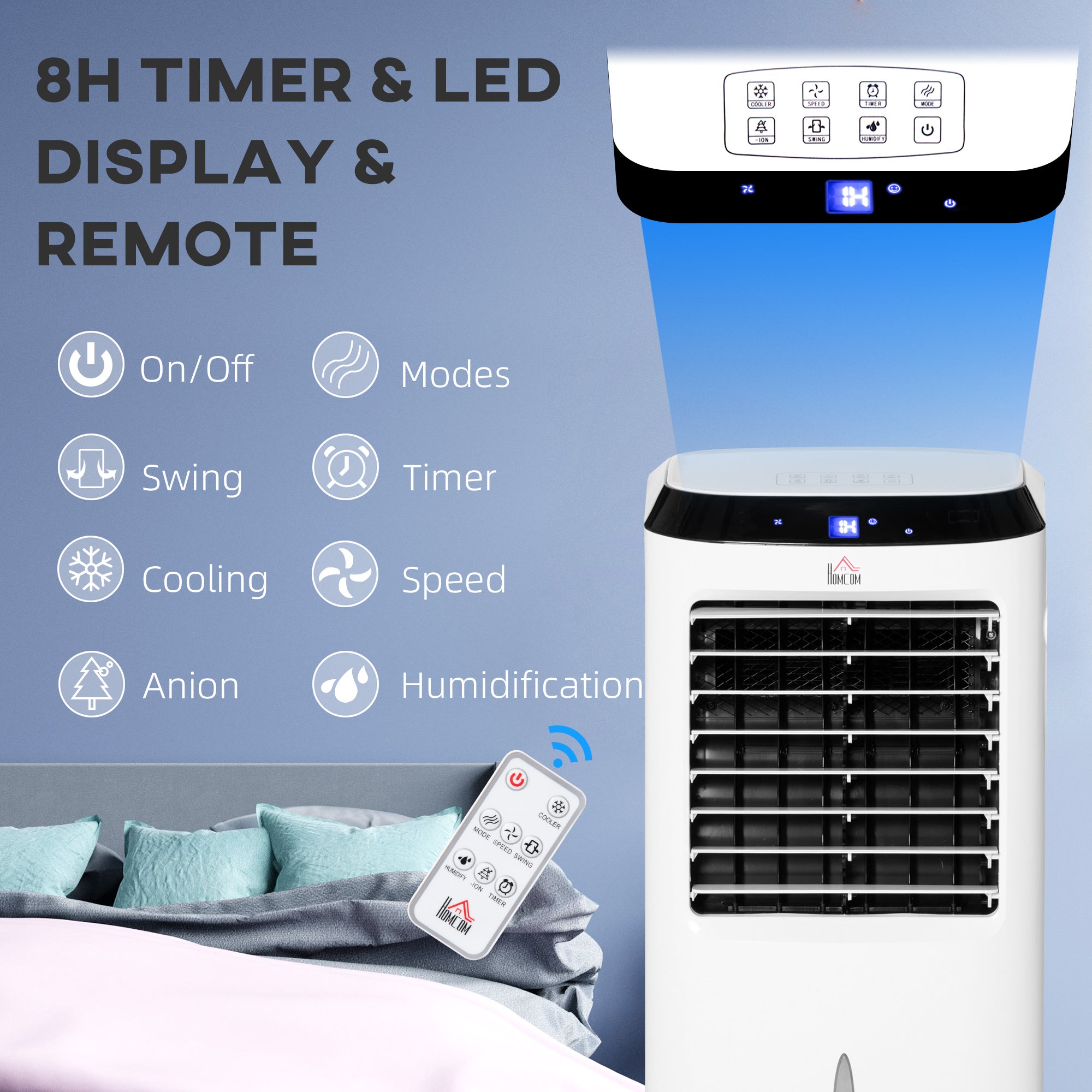 HOMCOM Portable Air Cooler, Evaporative Anion Ice Cooling Fan Water Conditioner Humidifier Unit with 10L Water Tank, 3 Modes, 3 Speed, Remote, Timer, Oscillating for Home Quiet Bedroom, White 