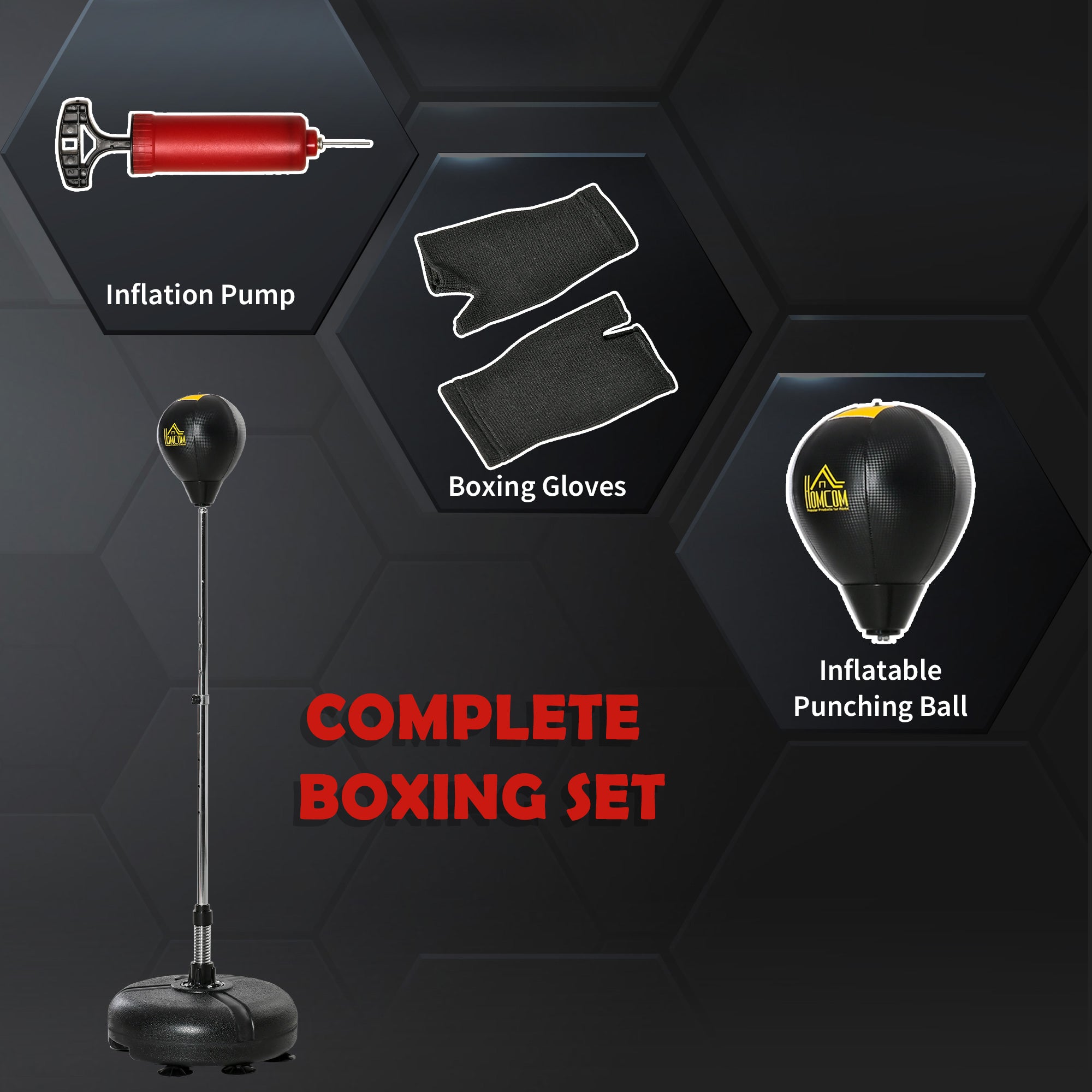 HOMCOM Punching Bag with Stand, Free Standing Boxing Bag Set, Speed Bag with Speedball Adjustable Height from 133cm to 151cm for Teens, Black, Gold Tone 