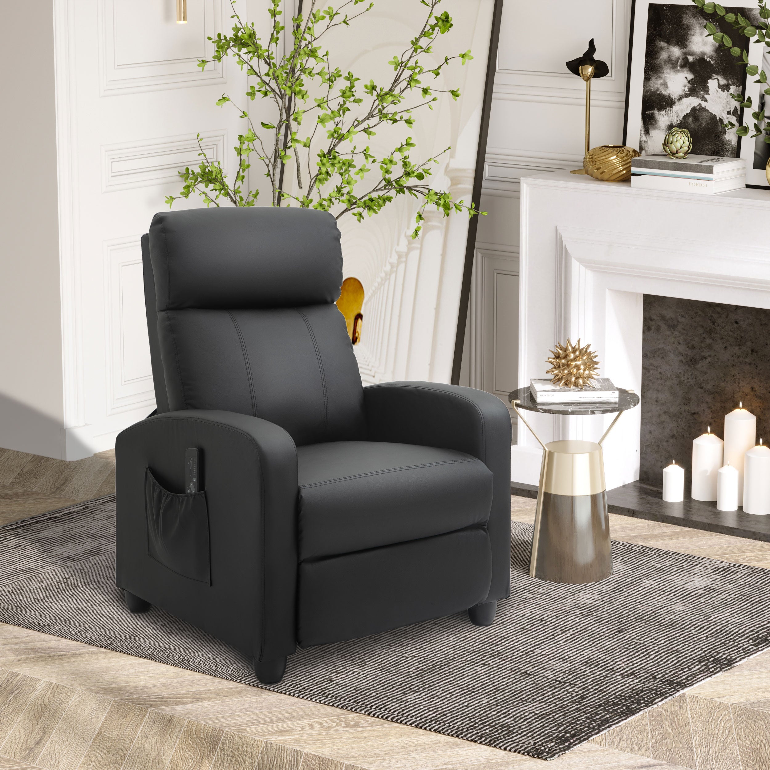 HOMCOM Recliner Armchair, Massage Faux Leather Push Back Reclining Chair with Adjustable Leg Rest, Side Pocket, for Home Living Room Theatre, Black 
