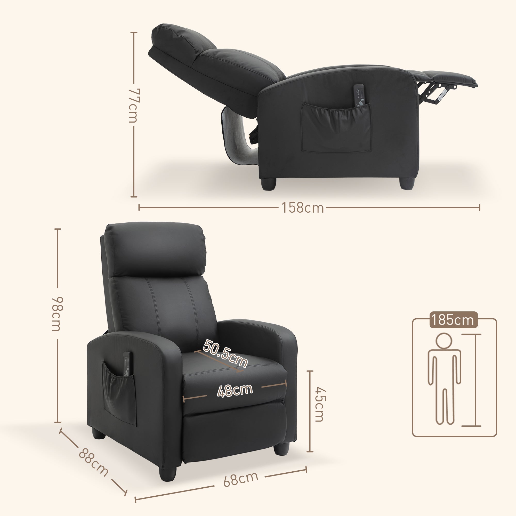 HOMCOM Recliner Armchair, Massage Faux Leather Push Back Reclining Chair with Adjustable Leg Rest, Side Pocket, for Home Living Room Theatre, Black 