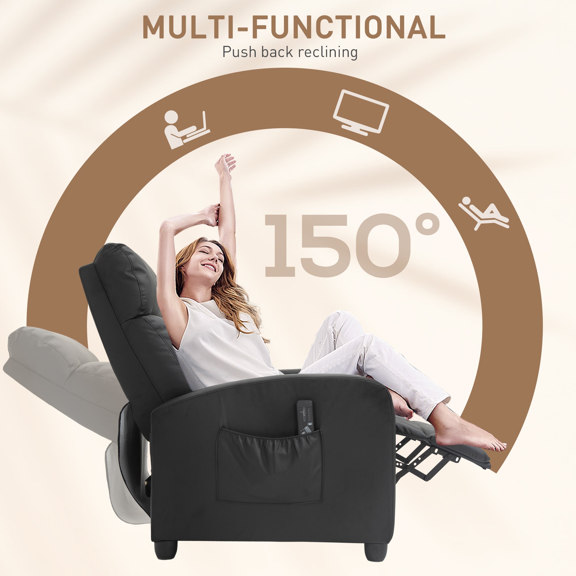 HOMCOM Recliner Armchair, Massage Faux Leather Push Back Reclining Chair with Adjustable Leg Rest, Side Pocket, for Home Living Room Theatre, Black 
