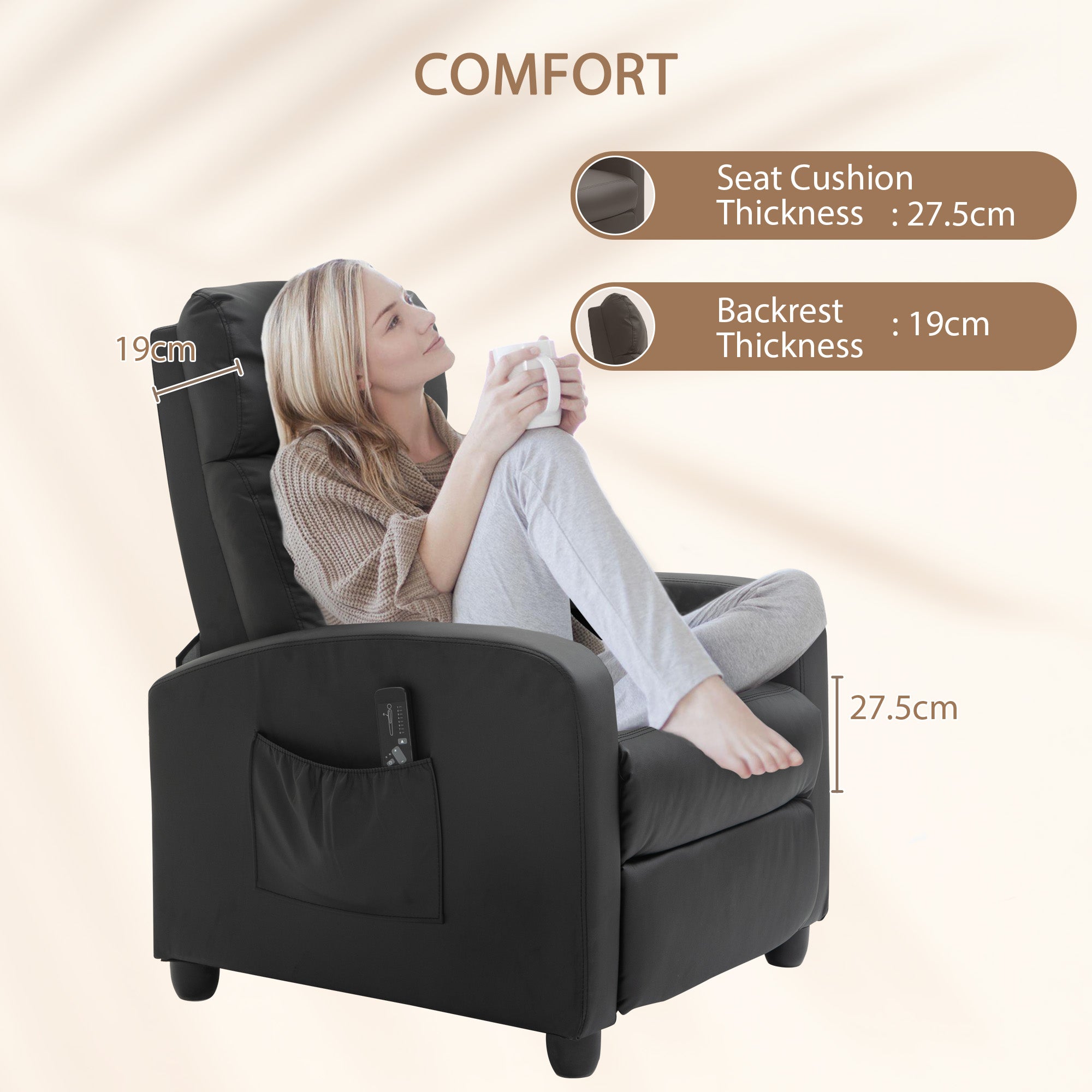 HOMCOM Recliner Armchair, Massage Faux Leather Push Back Reclining Chair with Adjustable Leg Rest, Side Pocket, for Home Living Room Theatre, Black 