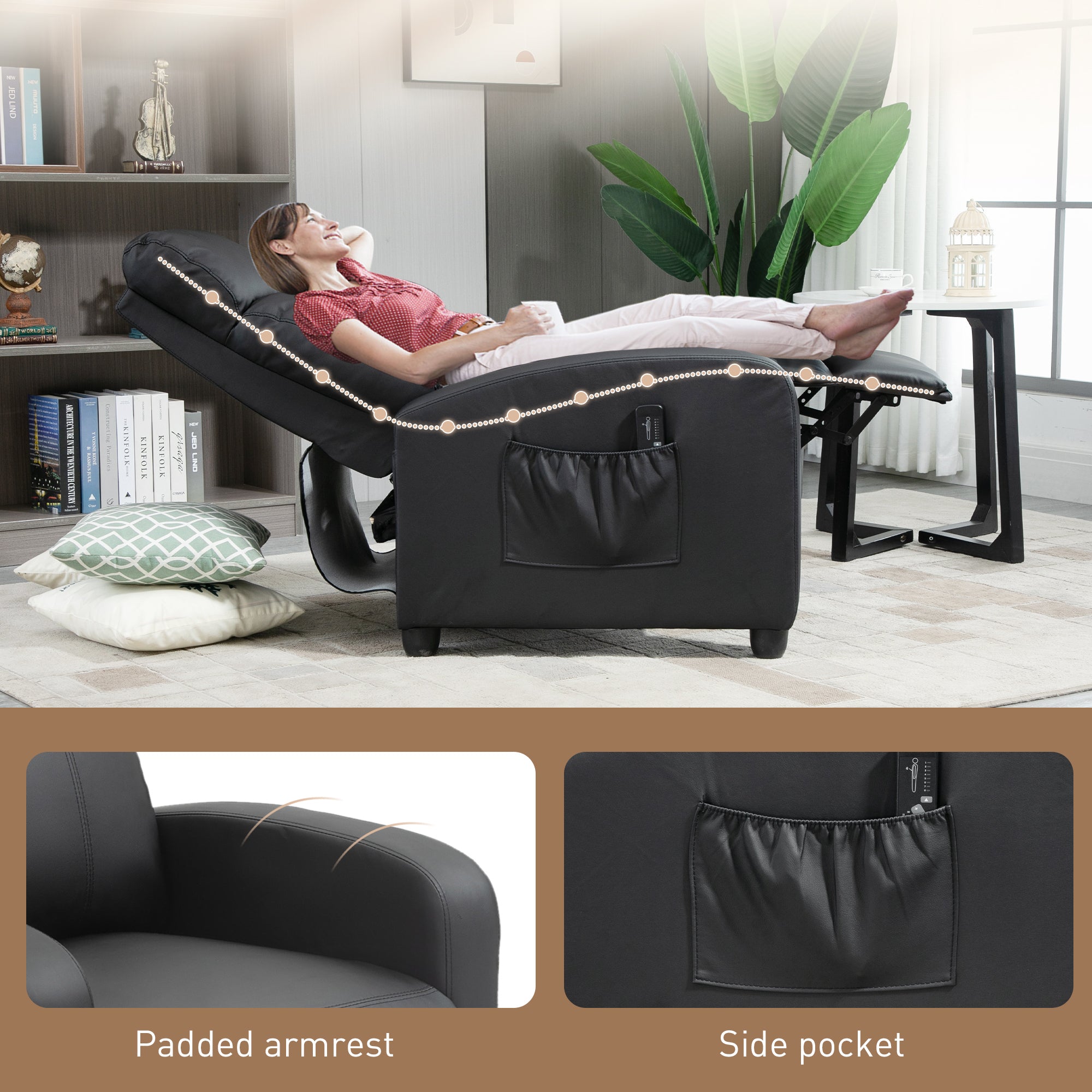 HOMCOM Recliner Armchair, Massage Faux Leather Push Back Reclining Chair with Adjustable Leg Rest, Side Pocket, for Home Living Room Theatre, Black 