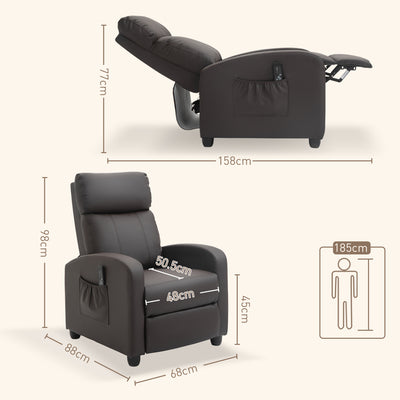 HOMCOM Recliner Armchair, Massage Faux Leather Push Back Reclining Chair with Adjustable Leg Rest, Side Pocket, for Home Living Room Theatre, Brown 