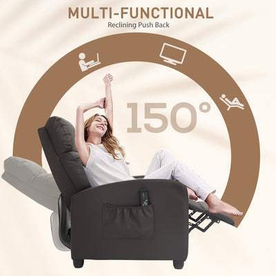 HOMCOM Recliner Armchair, Massage Faux Leather Push Back Reclining Chair with Adjustable Leg Rest, Side Pocket, for Home Living Room Theatre, Brown 